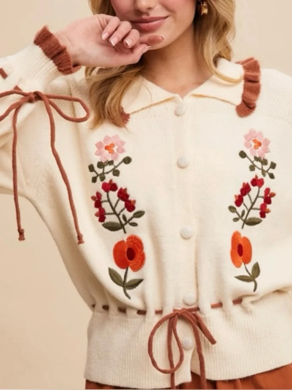 Listicle Ivory Floral Embroidered Knit Cardigan Sweater - Picture 2 of 8